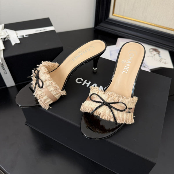 cc25 slide sandal 90mm ruffle bow heels black grosgrain beige canvas 233587