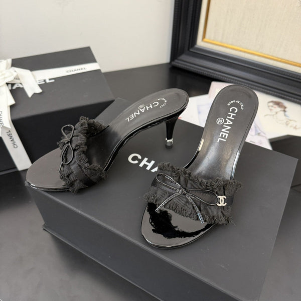 cc25 slide sandal 90mm ruffle bow heels black grosgrain canvas 233588