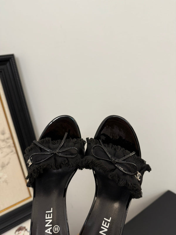 cc25 slide sandal 90mm ruffle bow heels black grosgrain canvas 233588