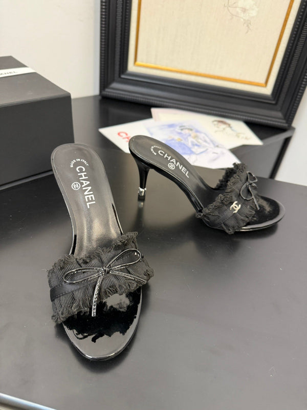 cc25 slide sandal 90mm ruffle bow heels black grosgrain canvas 233588