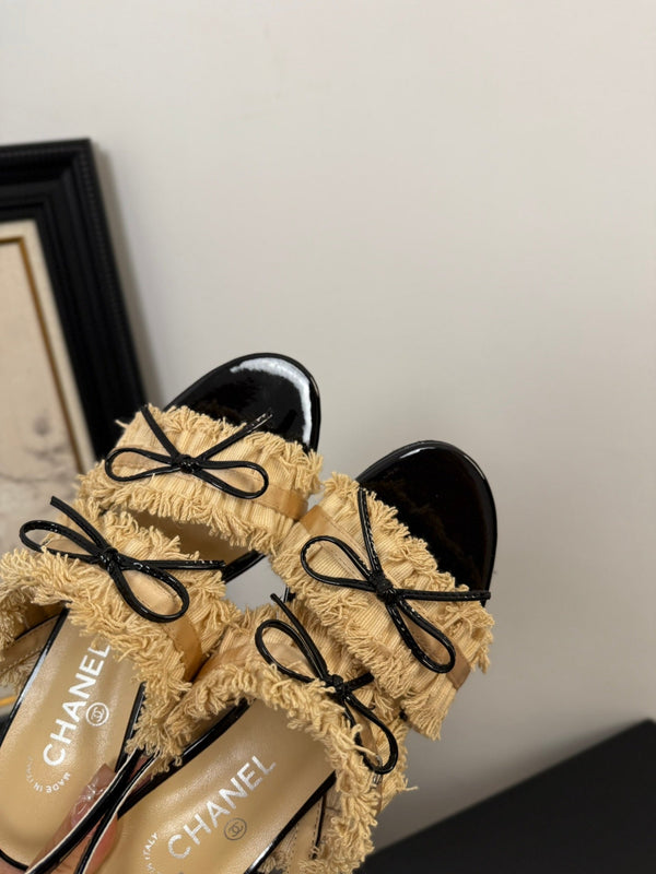 cc25 slingback sandal ̣65mm bow black grosgrain gold canvas 233590