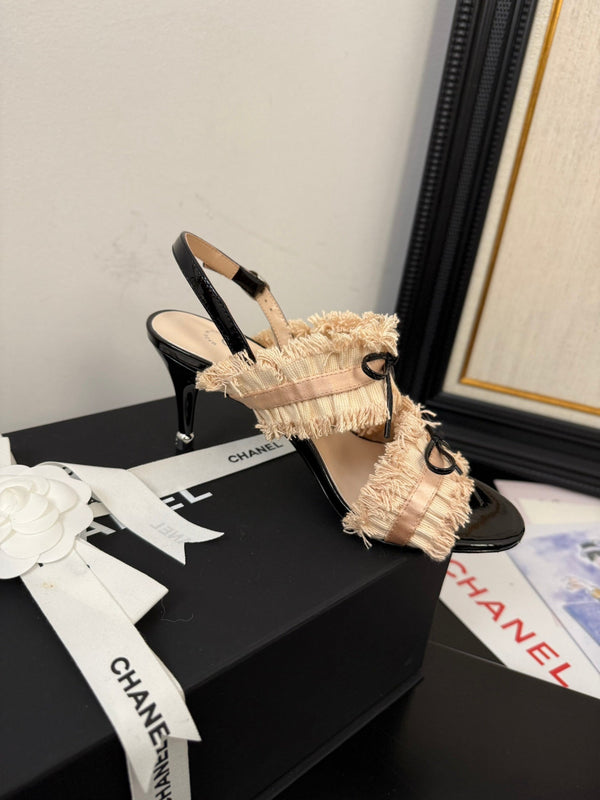 cc25 slingback sandal ̣90mm bow black grosgrain beige canvas 233595