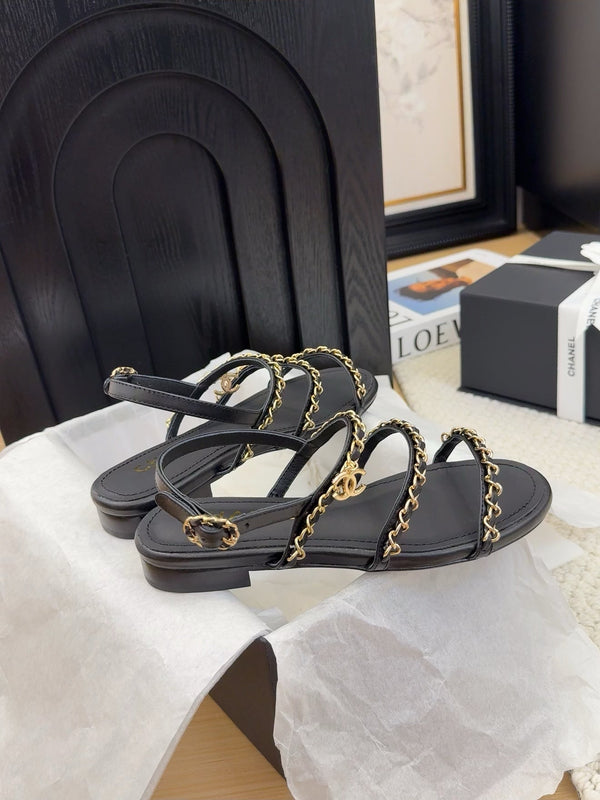 CC 25S Sandal Three Leather Strap Black Calfskin