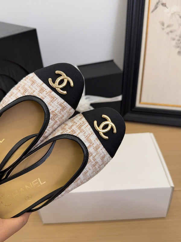 CC 25 Mule 40mm White Brown Fabric Black Grosgrain 277723