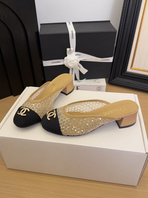 CC 25 Mule 40mm Beige Mesh Beige Sheepskin Black Grosgrain 277724