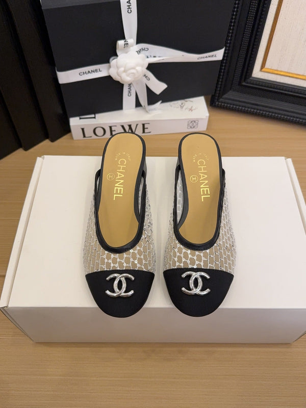 CC 25 Mule 40mm White Mesh Beige Sheepskin Black Grosgrain 277725