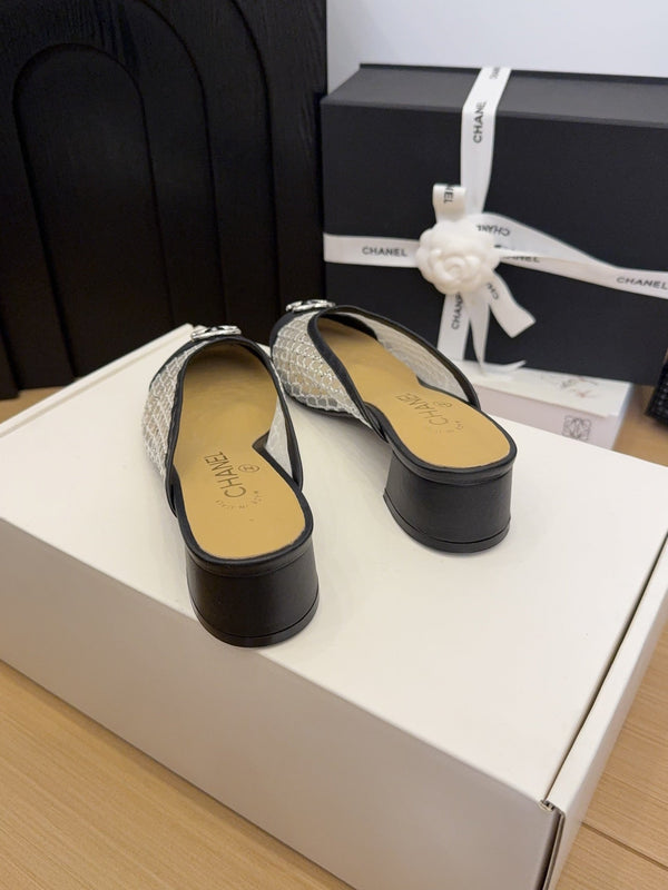 CC 25 Mule 40mm White Mesh Beige Sheepskin Black Grosgrain 277725