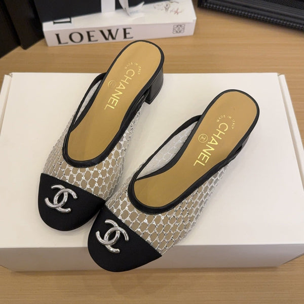 CC 25 Mule 40mm White Mesh Beige Sheepskin Black Grosgrain 277725