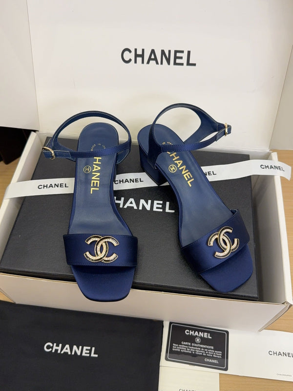 CC 25 High Heels 40 Sandals Navy Blue Satin And Sheepskin Square Toe 277711