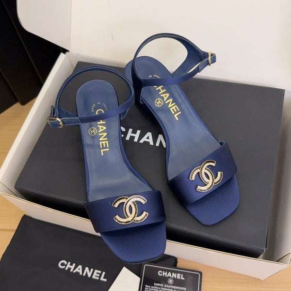 CC 25 High Heels 40 Sandals Navy Blue Satin And Sheepskin Square Toe 277711