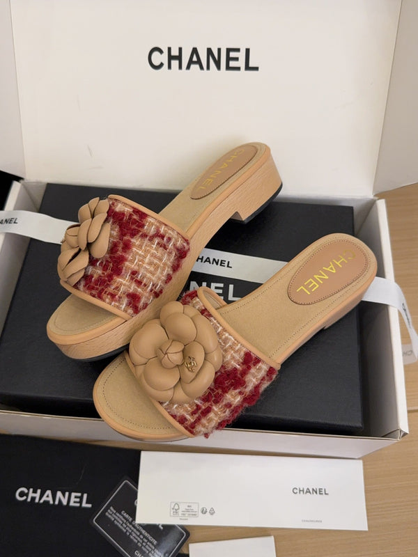 CC 25 Camellia Mule 40 Rosso Mix Beige Tweed e Pelle Beige 277719 