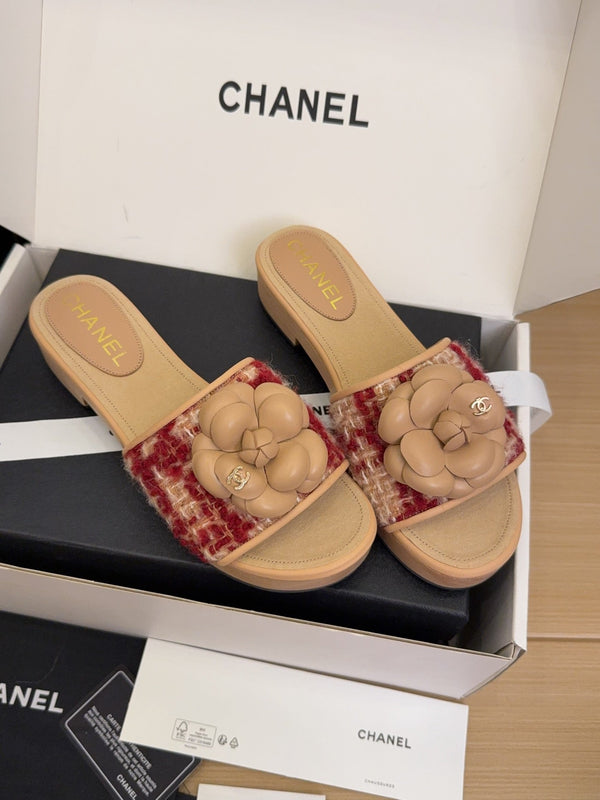 CC 25 Camellia Mule 40 Rosso Mix Beige Tweed e Pelle Beige 277719 