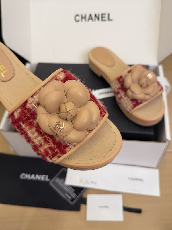 CC 25 Camellia Mule 40 Rosso Mix Beige Tweed e Pelle Beige 277719 