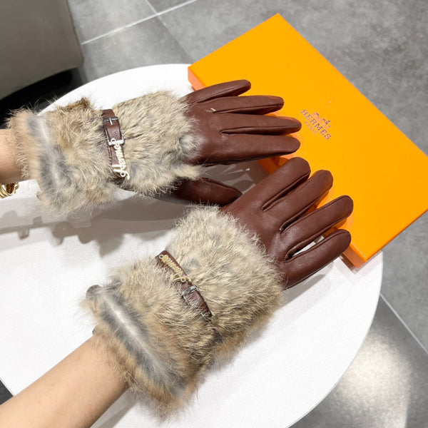 TOUCHSCREEN GLOVES IN CHESTNUT BROWN LAMBSKIN MIX FOX FUR 103797