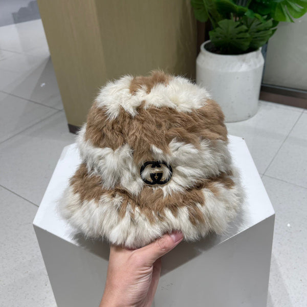 BUCKET HAT IN MEDIUM BROWN MIX WHITE RABBIT FUR 404638