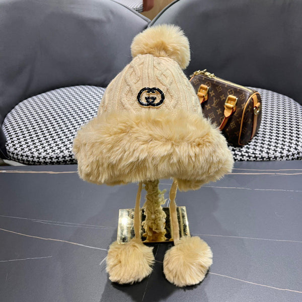 CAPPELLO DEERSTALKER IN LANA E PILE COLOR BISCOTTO 434697 