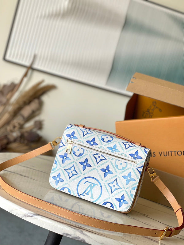 BORSA MÉTIS 25 IN BLU LAGUNA PIASTRELLE MONOGRAMMA TELA FERRAMENTA ORO