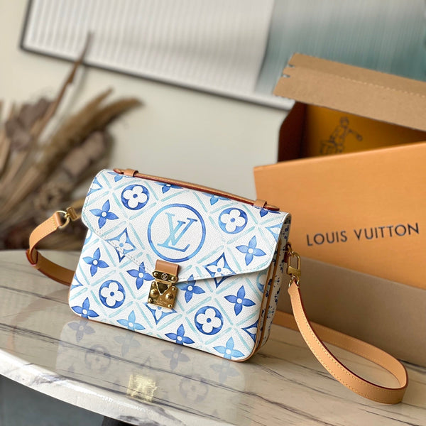 BORSA MÉTIS 25 IN BLU LAGUNA PIASTRELLE MONOGRAMMA TELA FERRAMENTA ORO