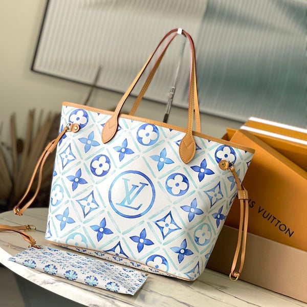 NEVERFULL MM 31 IN TELA CON PIASTRELLE MONOGRAMMA BLU LAGUNA