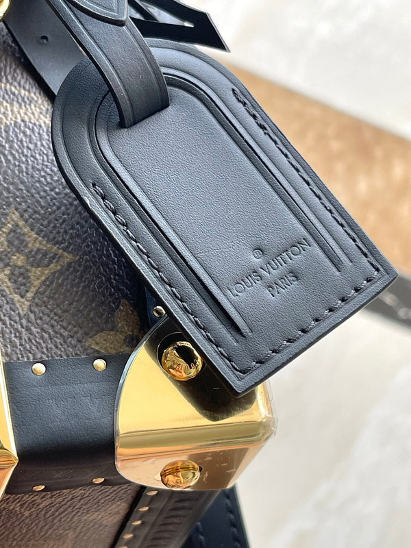 VALIGIA PICCOLA 22 IN TELA RETROMARINA CON MONOGRAMMA E BORDI IN PELLE DI VITELLO NERA, FERRAMENTA ORO