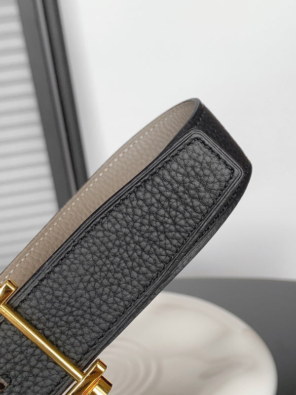 HM REVERSIBLE BLACK AND BLACK AND KHAKI BROWN LEATHER STRAP 32 MM GOLD HARDWARE