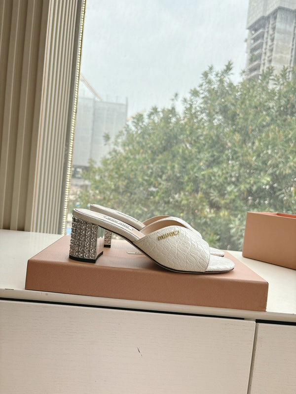 Miu White Croc Embossed Slide Sandals with Embellished Heel 223916