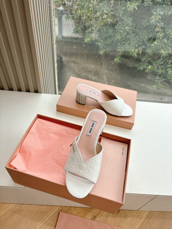 Miu White Croc Embossed Slide Sandals with Embellished Heel 223916