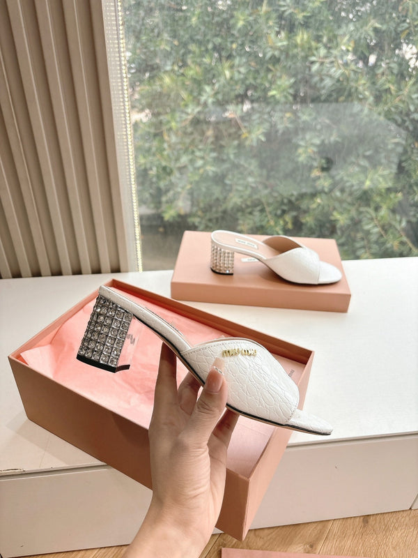 Miu White Croc Embossed Slide Sandals with Embellished Heel 223916