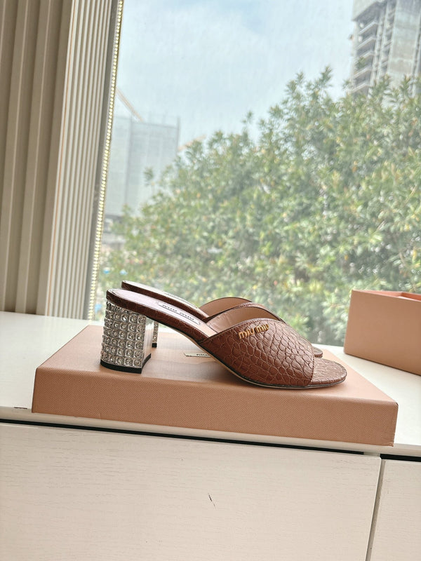 Miu Brown Croc Embossed Slide Sandals with Embellished Heel 223917