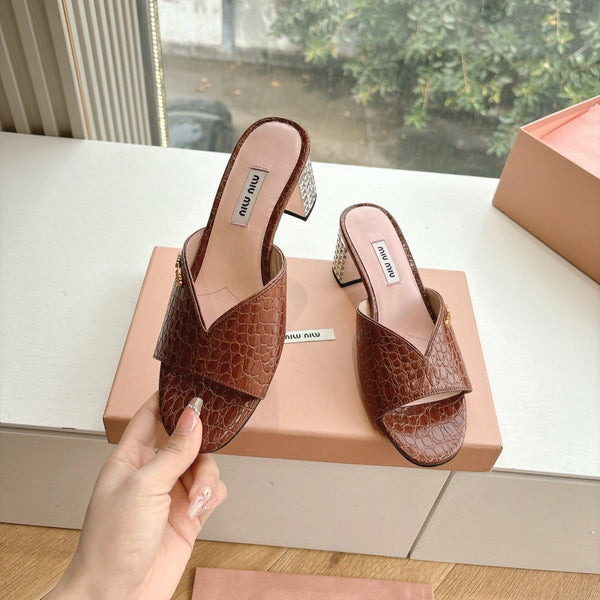 Miu Brown Croc Embossed Slide Sandals with Embellished Heel 223917