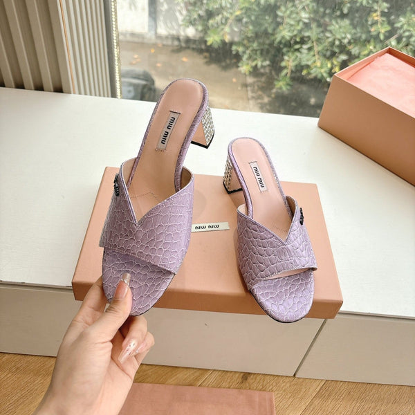 Miu Purple Croc Embossed Slide Sandals with Embellished Heel 223918