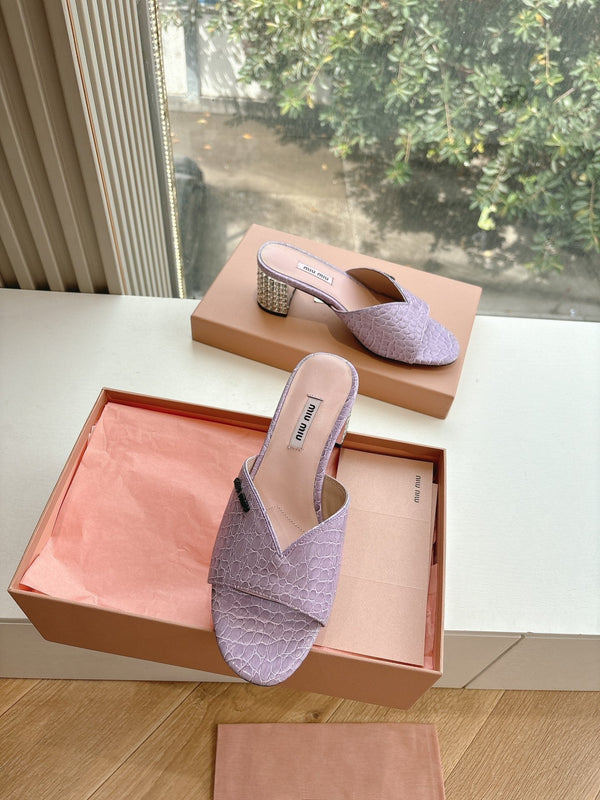 Miu Purple Croc Embossed Slide Sandals with Embellished Heel 223918