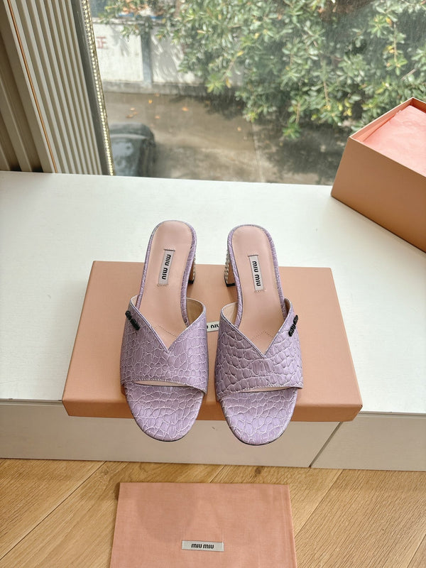 Miu Purple Croc Embossed Slide Sandals with Embellished Heel 223918