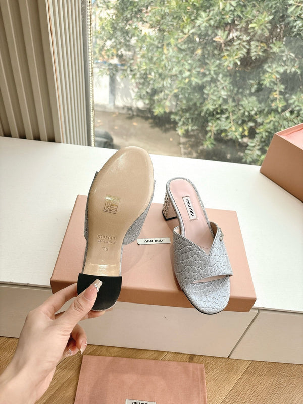 Miu Grey Croc Embossed Slide Sandals with Embellished Heel 223919