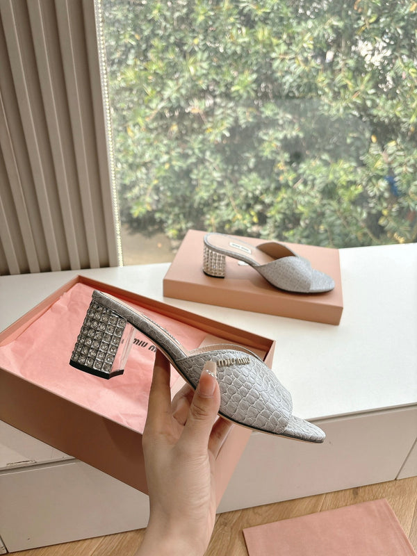 Miu Grey Croc Embossed Slide Sandals with Embellished Heel 223919