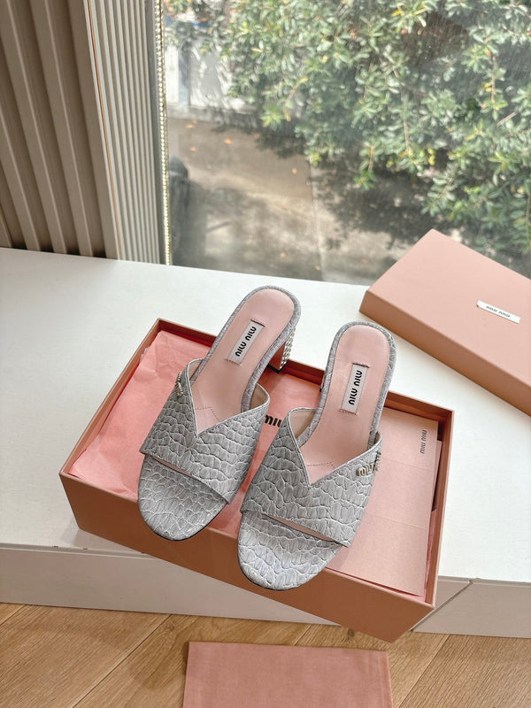 Miu Grey Croc Embossed Slide Sandals with Embellished Heel 223919