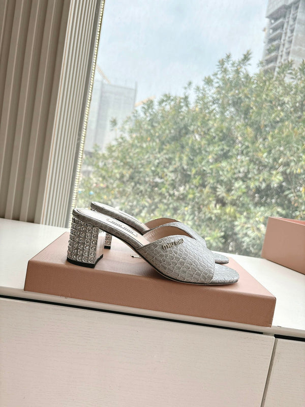 Miu Grey Croc Embossed Slide Sandals with Embellished Heel 223919