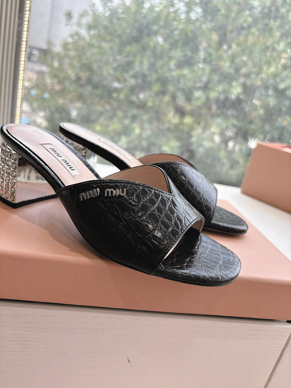 Miu Miu Black Croc Embossed Slide Sandals with Embellished Heel 223920