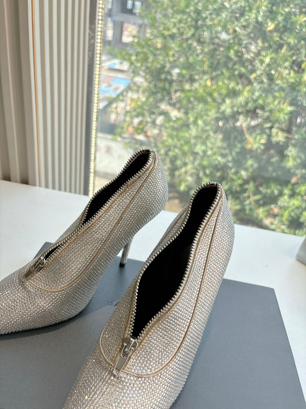 ZIPPER POINTED-TOE HIGH PUMPS IN BEIGE SUEDE ATTACHED SILVER CRYSTAL