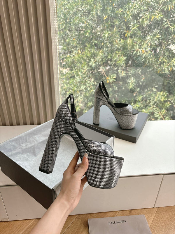 PLATFORM ANKLE STRAP HEELS IN BLACK ATTACHED RHINESTONES CALFSKIN