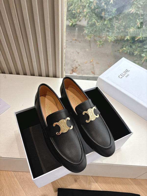 CELINE Buckle Triomphe Loafers Black Leather 285958