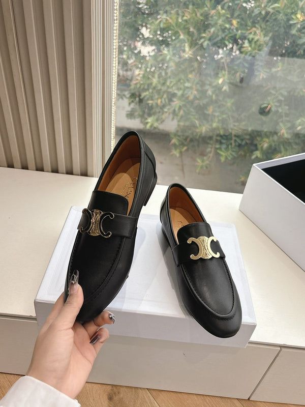 CELINE Buckle Triomphe Loafers Black Leather 285958