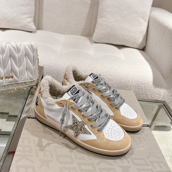 BALL STAR SNEAKERS WITH GLITTER STAR IN WHITE CALFSKIN AND BROWN SUEDE