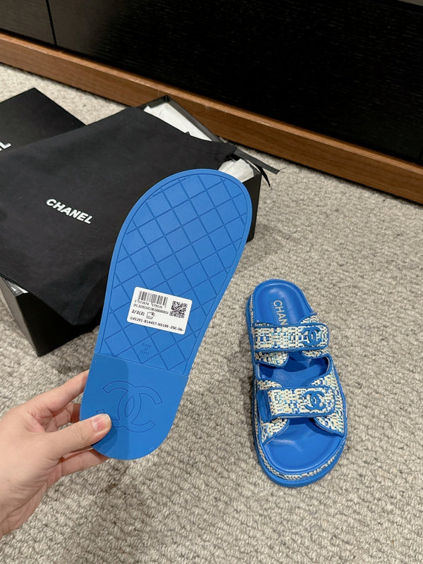 dad sandal mule beige raffia blue calfskin