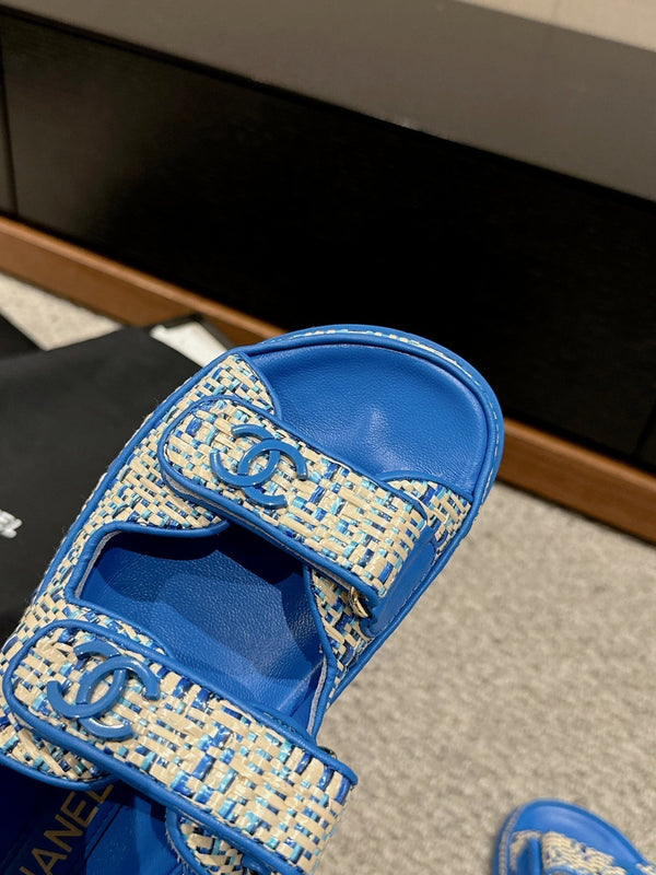 dad sandal mule beige raffia blue calfskin