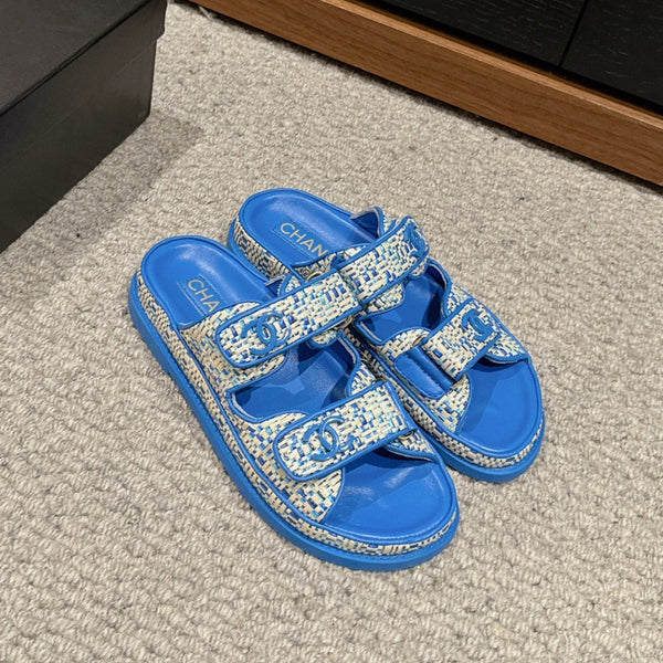 dad sandal mule beige raffia blue calfskin