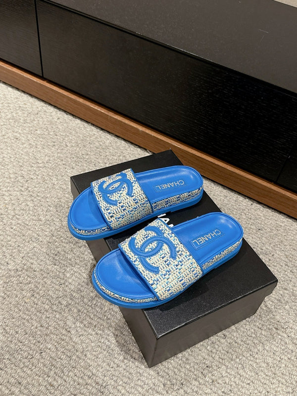 dad sandal mule beige raffia blue calfskin