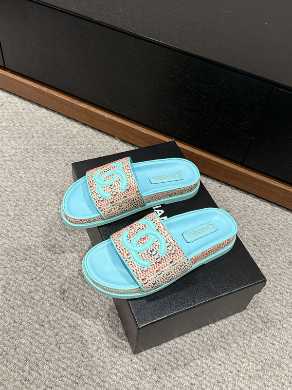 dad sandal mule cream raffia tiffany blue calfskin