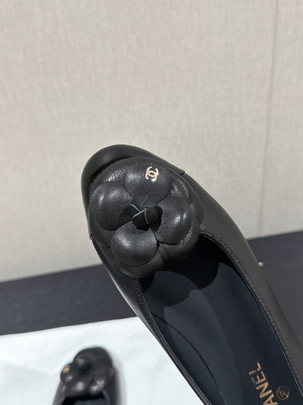 ballet flat flower black calfskin patent calfskin