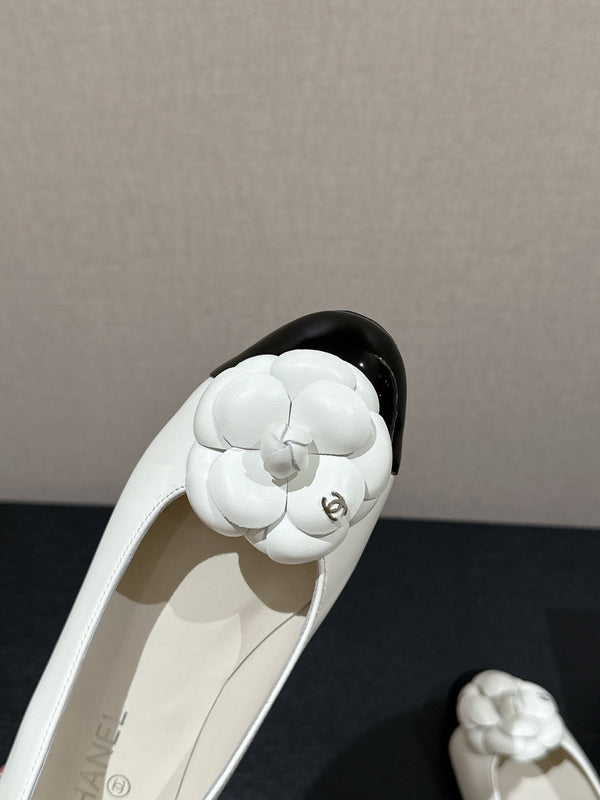 ballet flat flower white calfskin black patent calfskin